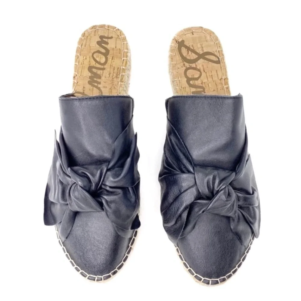 Sam Edelman Espadrille Mules Lynda Black Leather Shoes Size 6.5 Bow Slides New